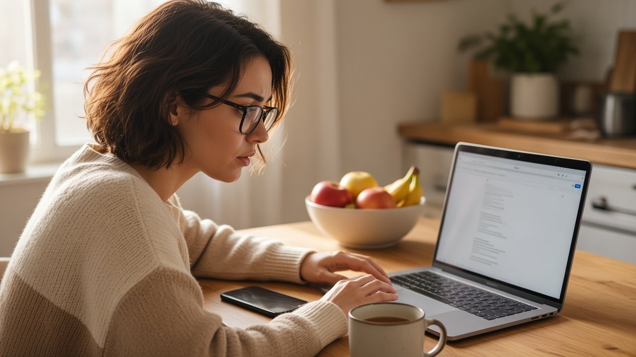 Woman at a kitchen table in the morning, looking at a laptop screen showing a job offer email, mug of tea beside her